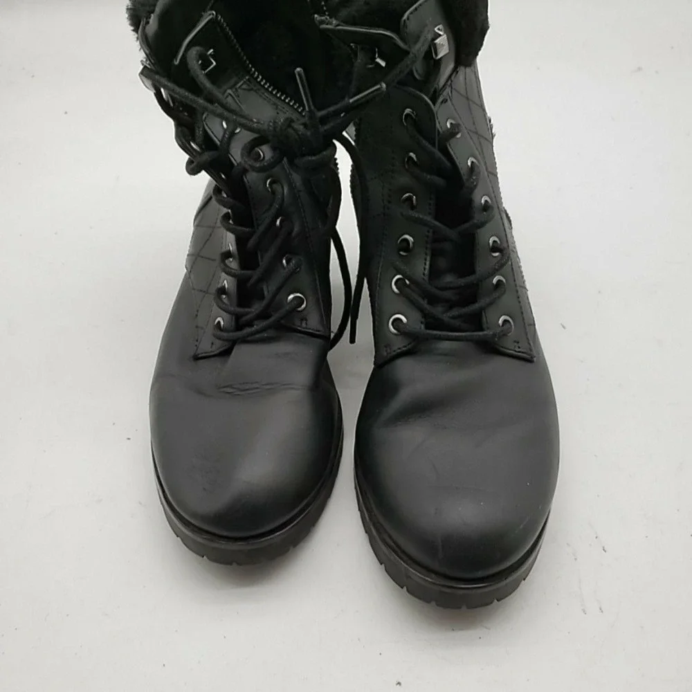 Michael Kors Boots Womens Size 8.5 Black Leather Faux Fur Ankle Lug Sole Zip